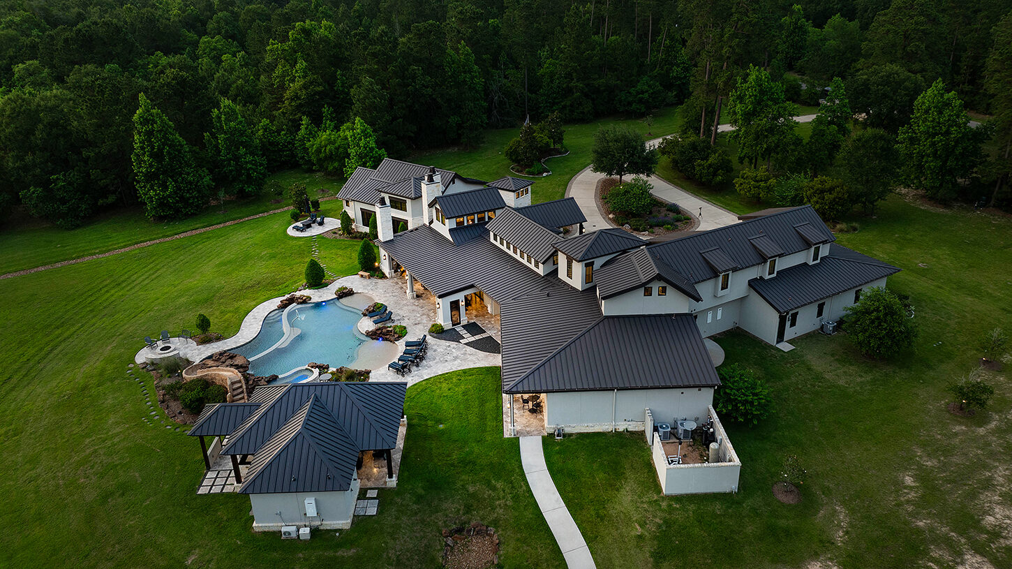 Aerial view of the estate, pool and grounds